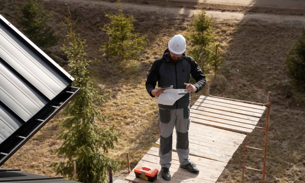 A construction worker wearing a hard hat stands on scaffolding by a roof, holding building plans—tools nearby and trees lining the road in the background. Learn more about Aleman Roofing’s dedication to quality craftsmanship.